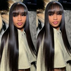 Straight Human Hair Wigs With Bangs Full Machine Made Wig Cheap Brazilian Hair Wigs Short Bob Wigs 3x1 HD Lace Wigs (Stretched Length: 14inches, Density: 150 density)